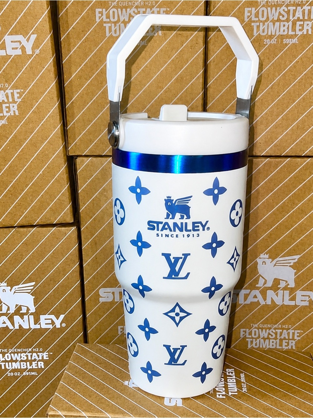 Stanley   X Louis Vuitton Laser Etched White Chrome Flowstate Tumbler 20 oz